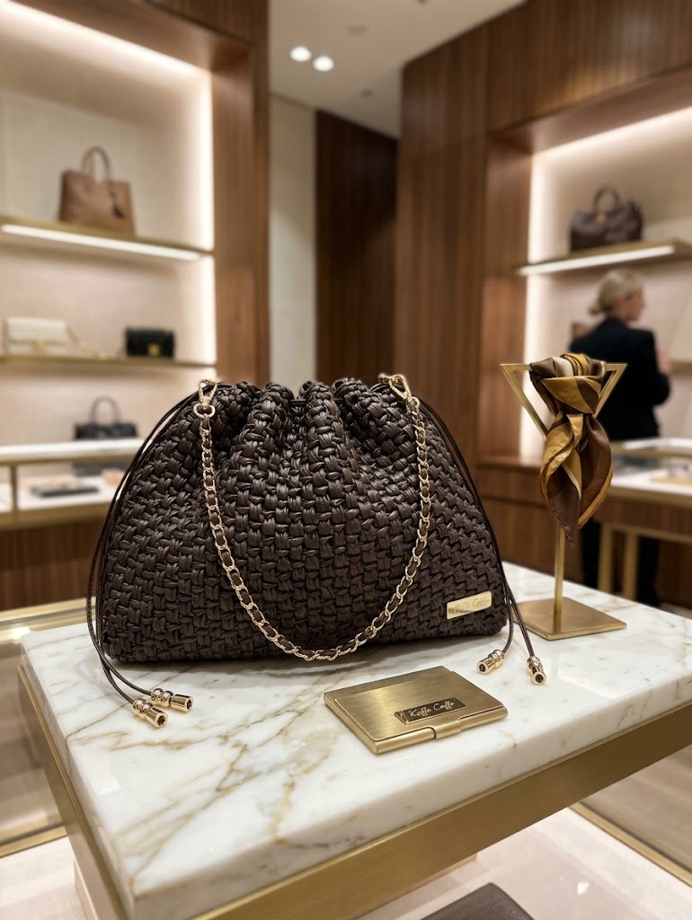 ##Borsa Le Vittoria – Pochette Morbida Intrecciata Cioccolato & Oro##